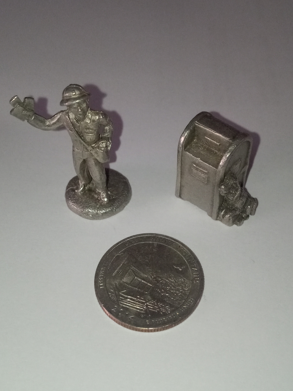 Vintage Pewter Miniature Mail Carrier & Mail Box With Dog Sitting On The Side